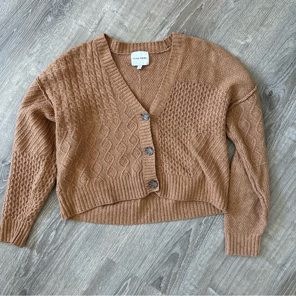 Pink Rose Patch Patchwork Contrast Cardigan Brown Size Small
